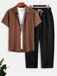 Men's Knit Jacquard Short Sleeve Shirt & Lyocell Linen Blend Pants Set, 2 Piece Breathable Casual Summer, Beach Vacation Daily Wear