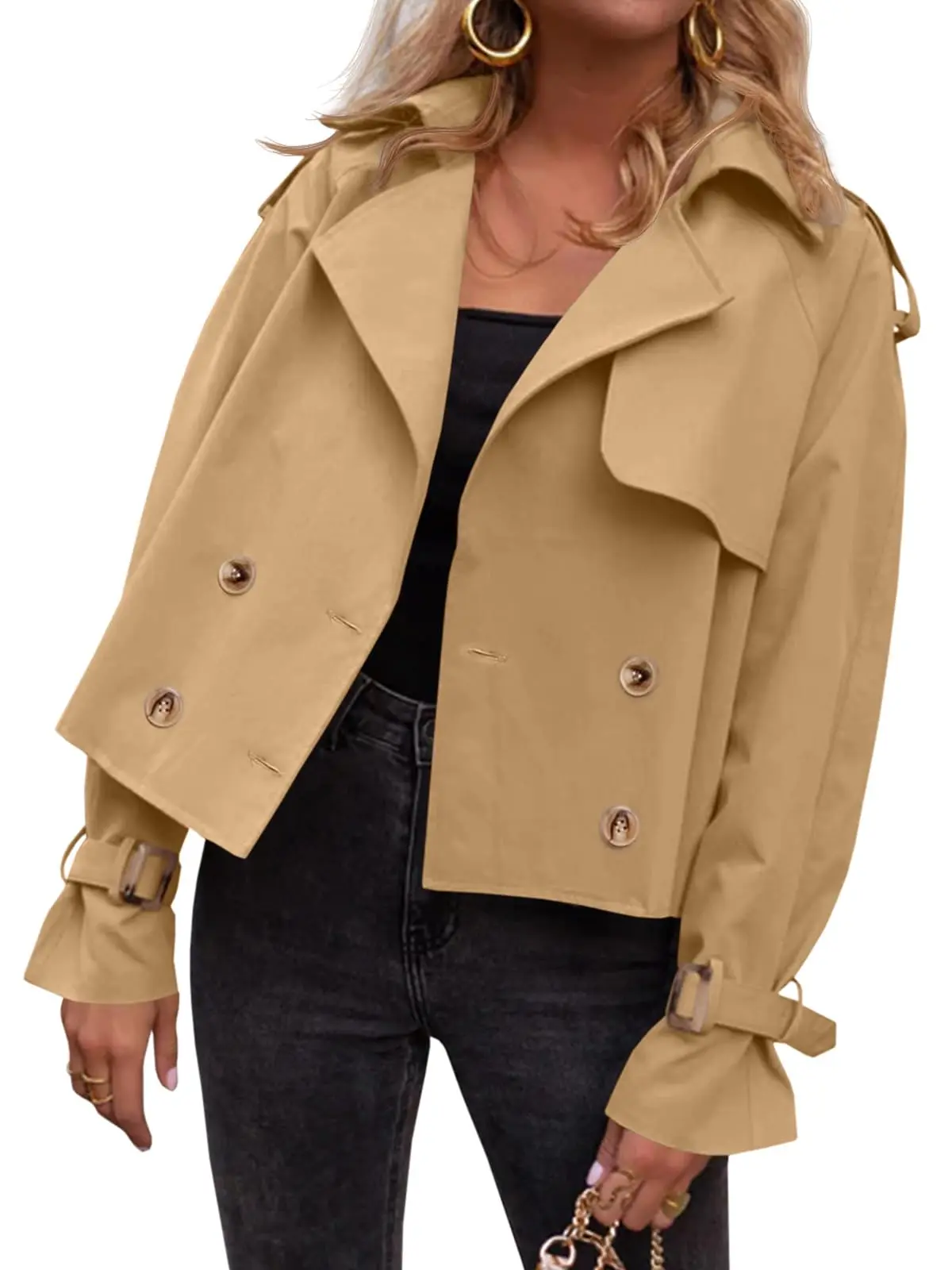 Lannew Womens  Cropped Trench Coat Oversized Double Breasted Lapel Long Sleeve Short Jacket Fashion Outerwear