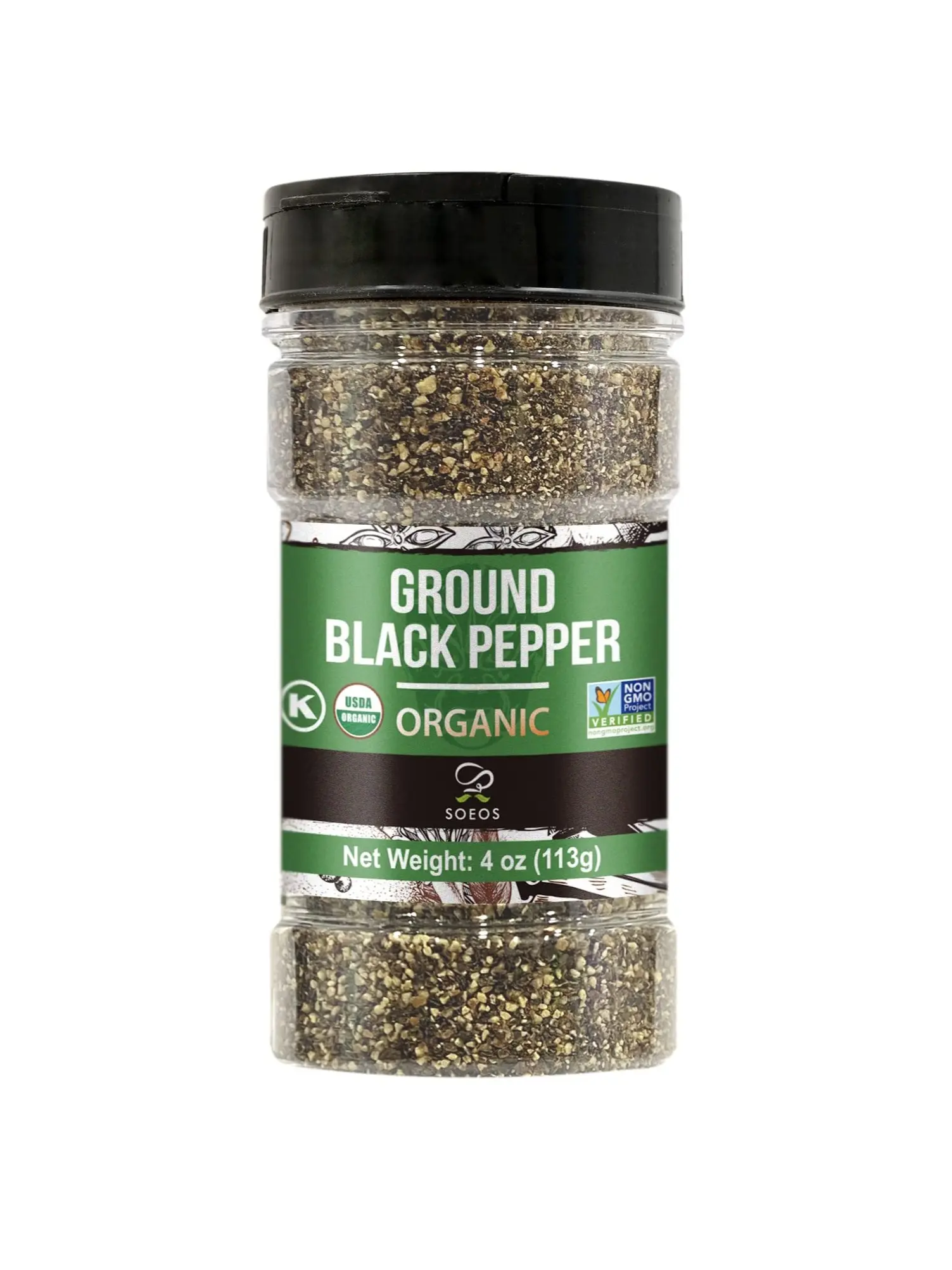 Soeos Organic Black Pepper Ground, Non-GMO, Freshly Peppercorn Powder Bulk, Packed to Keep Peppers Fresh, Ready to Use Peppercorns for Refill, 4 oz (113g), Organic Ground Black Pepper