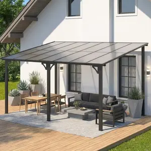 10x14 ft Wall Mounted Gazebo, Hardtop Lean to Pergola with Sloped Roof & Gutters, Heavy Duty Outdoor Awning for Patio, Deck, Porch, Backyard – Black