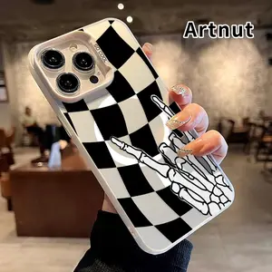 Magnetic Phone Case for iPhone 15 16 14 Pro Max 13 12 11 E Plus Skeleton Hand on Checker Pattern Shockproof Anti-Scratch Durable PC Back Protective Cover Cellphone Protective