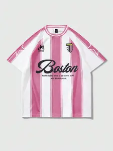 "Boston" Pink and White Vertical Stripe Retro Jersey Short Sleeve - Pink and White, Retro Vibe  Football jersey style + cursive font, breathable and quick-drying fabric. A must-have for Y2K retro and sporty style enthusiasts. # Boston Pink Jersey