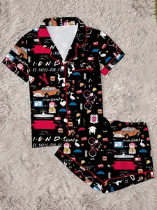 Women's Friends TV Show Sleepwear Set, Two-Piece Fitted with Short Sleeves & Shorts, Casual Home Wear, All-Season Comfortable Print Pajamas, Loungewear