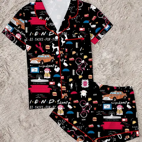Women's Friends TV Show Sleepwear Set Loungewear, Two-Piece with Short Sleeves & Shorts, Casual Home Wear, All-Season Comfortable Pajamas, Loungewear Pjs Set