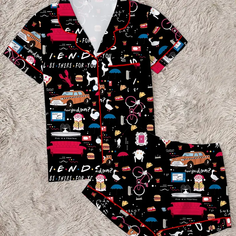 Women's Friends TV Show Sleepwear Set Loungewear, Two-Piece with Short Sleeves & Shorts, Casual Home Wear, All-Season Comfortable Pajamas, Loungewear Pjs Set