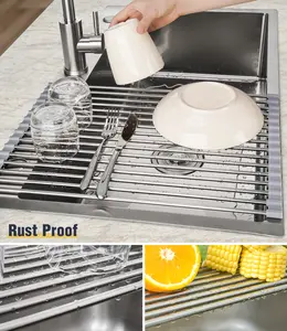 GREY Tomorotec 17.7" x 12.5" Roll Up Dish Drying Rack, Stainless Steel Drainer, Kitchen Sink Gadget drying rack organizer sponge  holder sink caddy