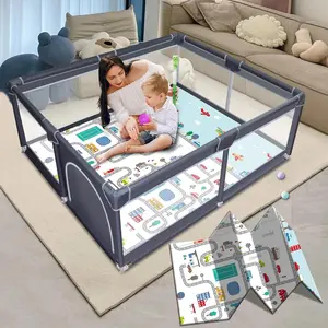 Baby Playpen with mat, Play Pen Playards, Playpen for Babies and Toddlers Play Pin Indoor Active Center Game Fence, 50x50 Inch, Grey