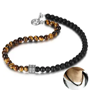 Natural Red Tiger Eyes Map Stone Necklace For Men Unisex Stainless Steel Matte Black Bead Necklace Male Jewelry Gift TNB001A