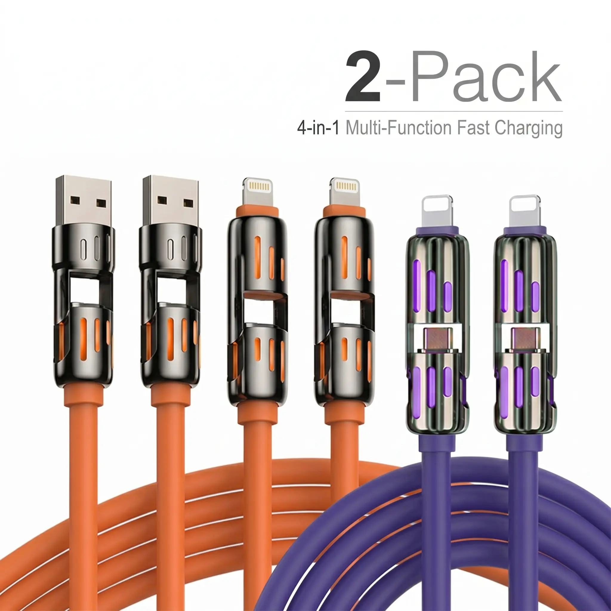 240W Fast Charging 4-in-1 Multi USB Cable - Waterproof Fast Charger Cord, Light-Up Charging Chargers with USB-A, Type-C, Lightning, Ambient RGB Glow, Durable Adapter for iPhone17, Samsung Mobile Devices, Data Sync