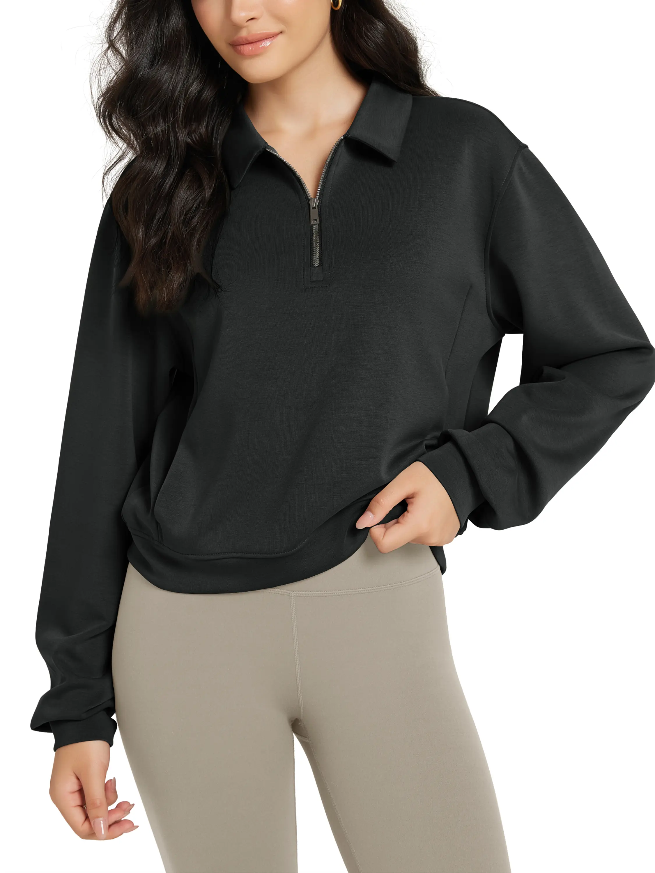 ODODOS Modal Soft Half-Zip Collared Sweatshirts for Women Long Sleeve Relaxed Fit Pullover Top with Pockets, Hoodie, Kangaroo, Fabric, Plain, Collared Neck