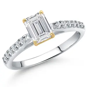 Gem Stone King 10K Two Tone Gold Lab Grown Diamond Engagement Ring For Women | 0.83 Cttw | Emerald Cut 6X4MM | Gemstone April Birthstone | DEF Color | VVS-VS Clarity