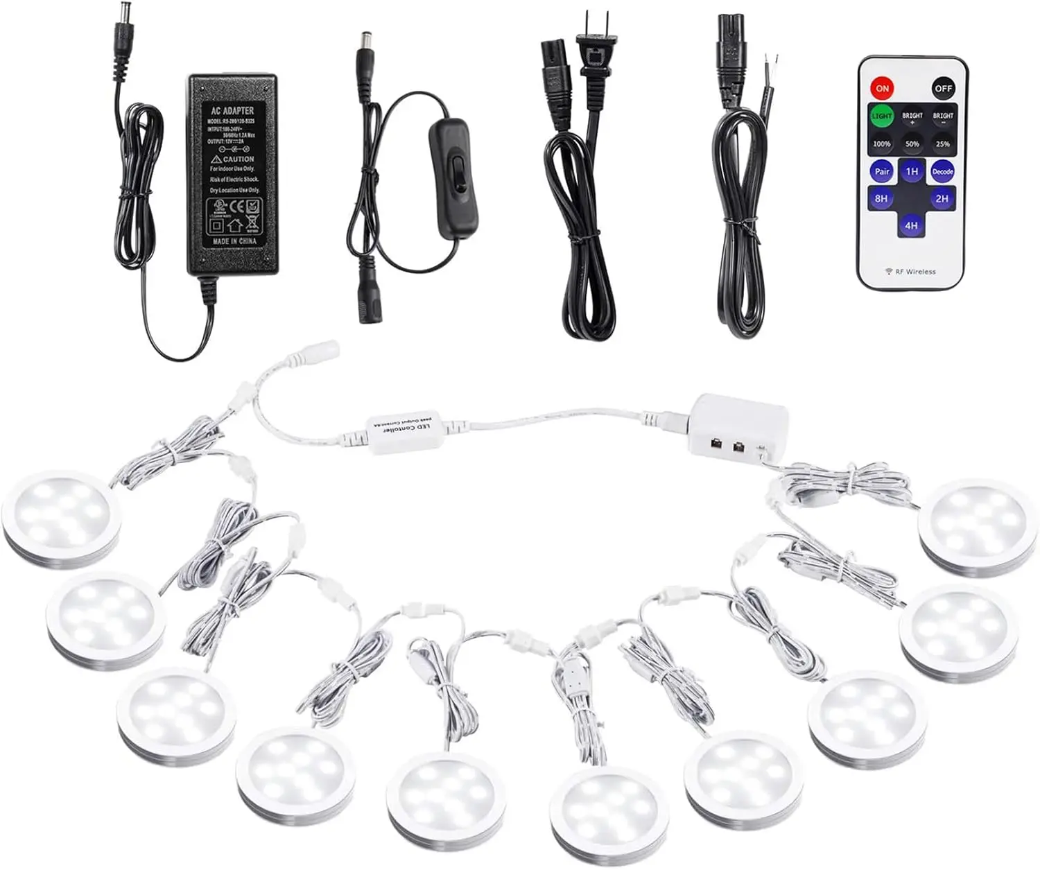 Linkable Under Cabinet LED Lighting – 12V Dimmable Puck Lights with Wireless RF Remote, Hardwired or Plug-in, 10 Pack Daylight White for Display & Kitchen