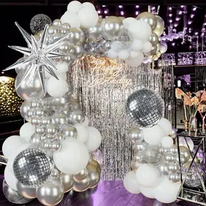Disco Party Balloon Garland Arch Kit 134 Pcs Metallic Silver Matte White Confetti Balloons Disco Balls For Adult Birthday Dancing Decor Graduation Party New Year Eve 2025 Nye Decoration