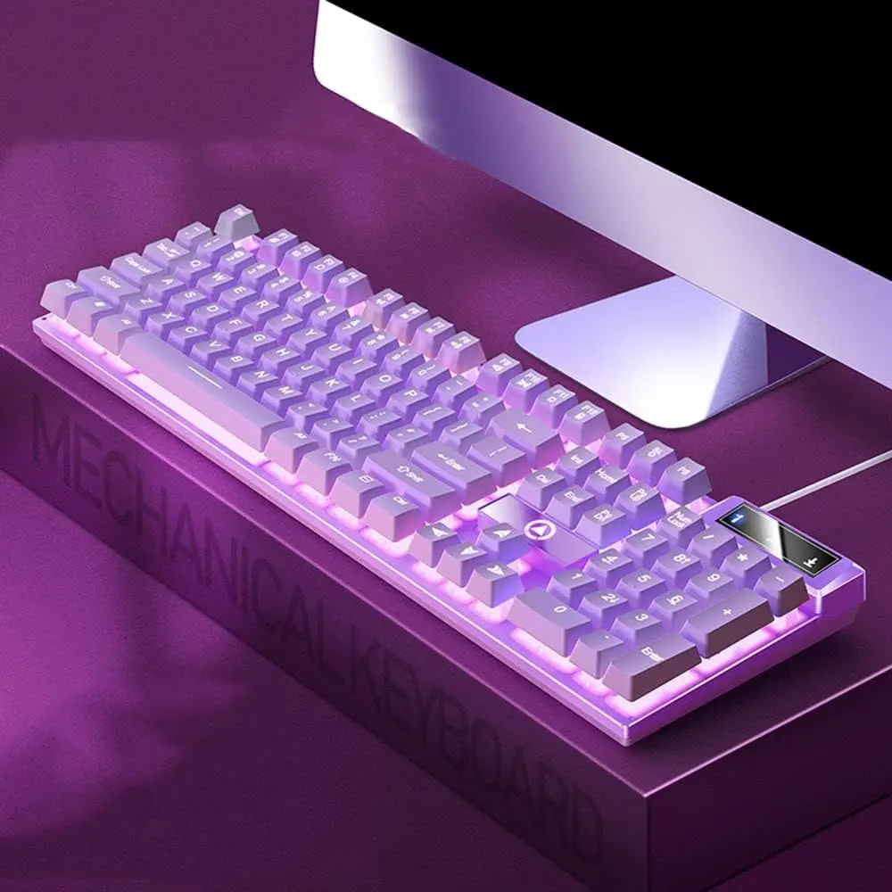 104-Key Ergonomic Rainbow Glow Color Backlight Keyboard - RGB Lights with Purple & Solid White Mixed Backlighting, USB Wired PC Gaming Accessory, Mother's Day Gift