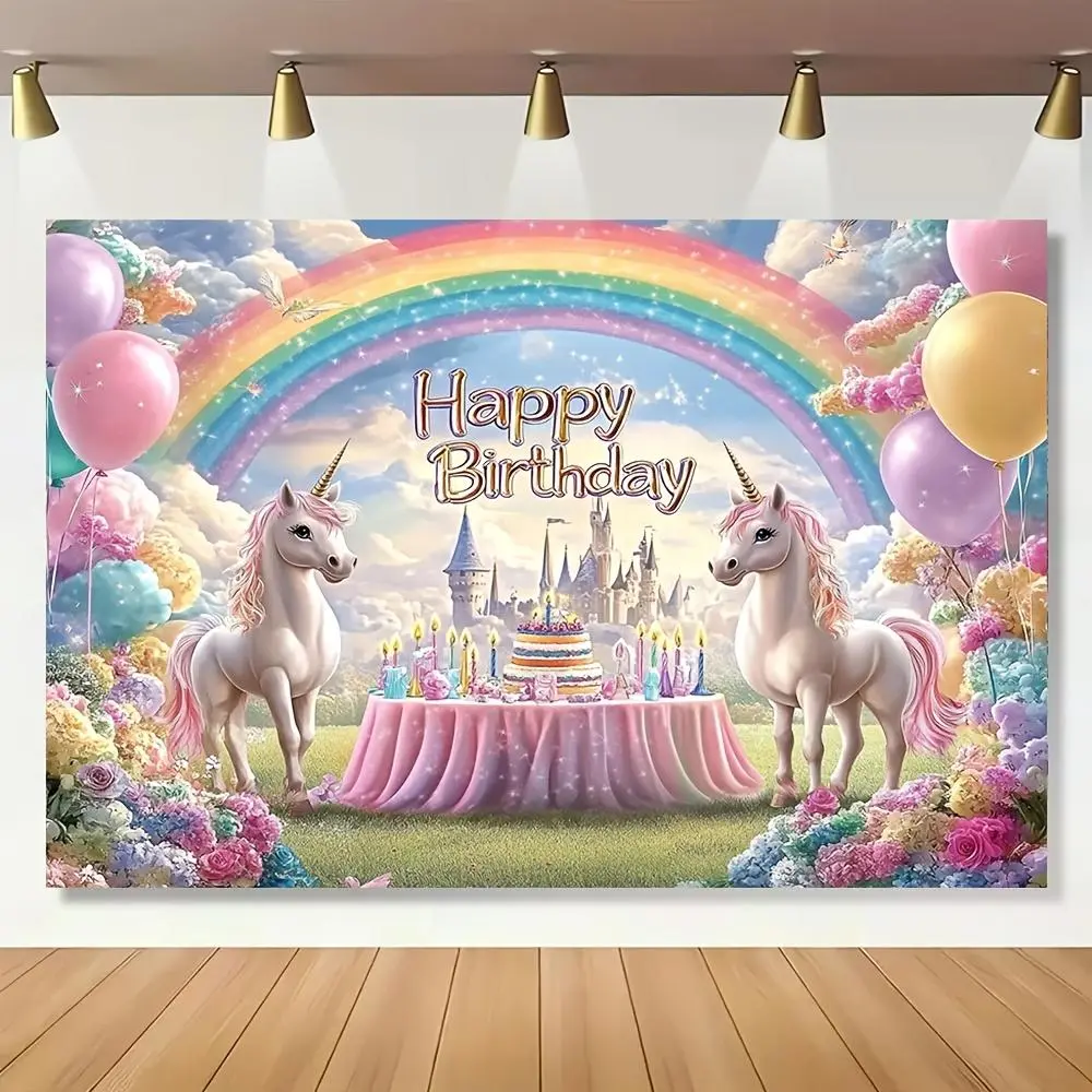 1pc Unicorn Theme Polyester Photo Backdrop - Colorful Happy Birthday Photoshoot Backdrop, Festive Party & Holiday Celebration Banner (Home & Festive Party Supplies)