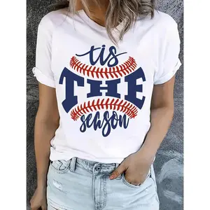Plus Size Women's Casual Baseball Graphic T-Shirt, White Short Sleeve Round Neck Tee, Sporty Breathable Fabric, Machine Washable Regular Fit, Perfect for Baseball Moms & Sports Enthusiasts