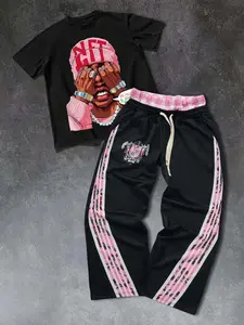 Hip-Hop Rap Portrait Print T-Shirt, Loose-Fitting Wide-Leg Sweatpants, Striped Drawstring, Casual Fitted Suit, Comfortable Streetwear