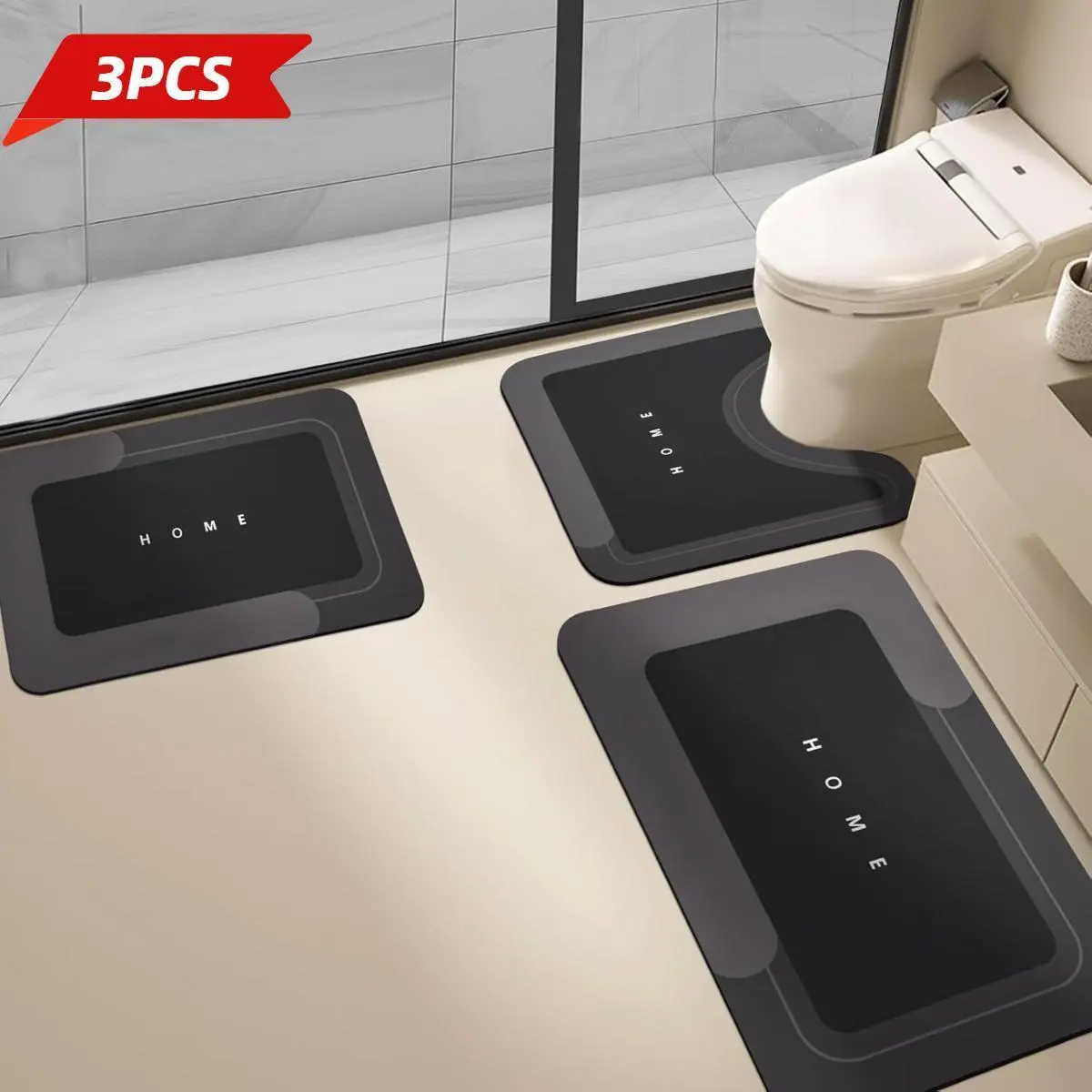 Black Magic 3-Piece Bath Mat Set - Quick Drying, Non-Slip Rubber Backing, Multi-Size for Bathroom Shower & Kitchen Floors