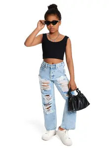 Teenage Girls Washed Ripped Jeans, Straight Leg Fashion Design Pants, Stylish Denim for Everyday Wear, Trendy Youth Clothing