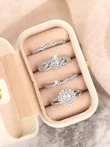 4 Piece Set Zirconia Ring Gift Box, Charming Artificial Stone Rings for Women, Wedding Engagement Anniversary Party Jewelry, Cubic Zirconia Rings