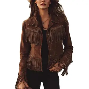 Women’s Fringe Jacket – Faux Suede, Vintage Cowgirl Style, Tassel, Button-Up, Long Sleeve, Lapel, Western Jacket (2026)