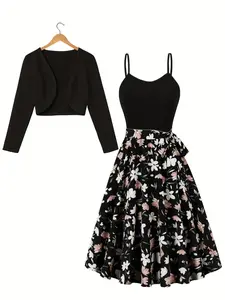 Women's Floral Print Bow Decor Belted Cami Dress & Open Front Long Sleeve Crop Outwear Two-piece Set Matching, Casual Fashion Cozy Two Piece Outfits for Daily Outdoor Wear, Women Clothes for Spring Fall, Womenswear, Casual Dresses