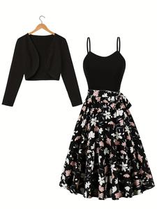 women's floral print bow decor belted cami dress & open front long sleeve crop outwear two-piece set, casual fashion cozy two piece outfits for daily outdoor wear, women clothes for spring fall