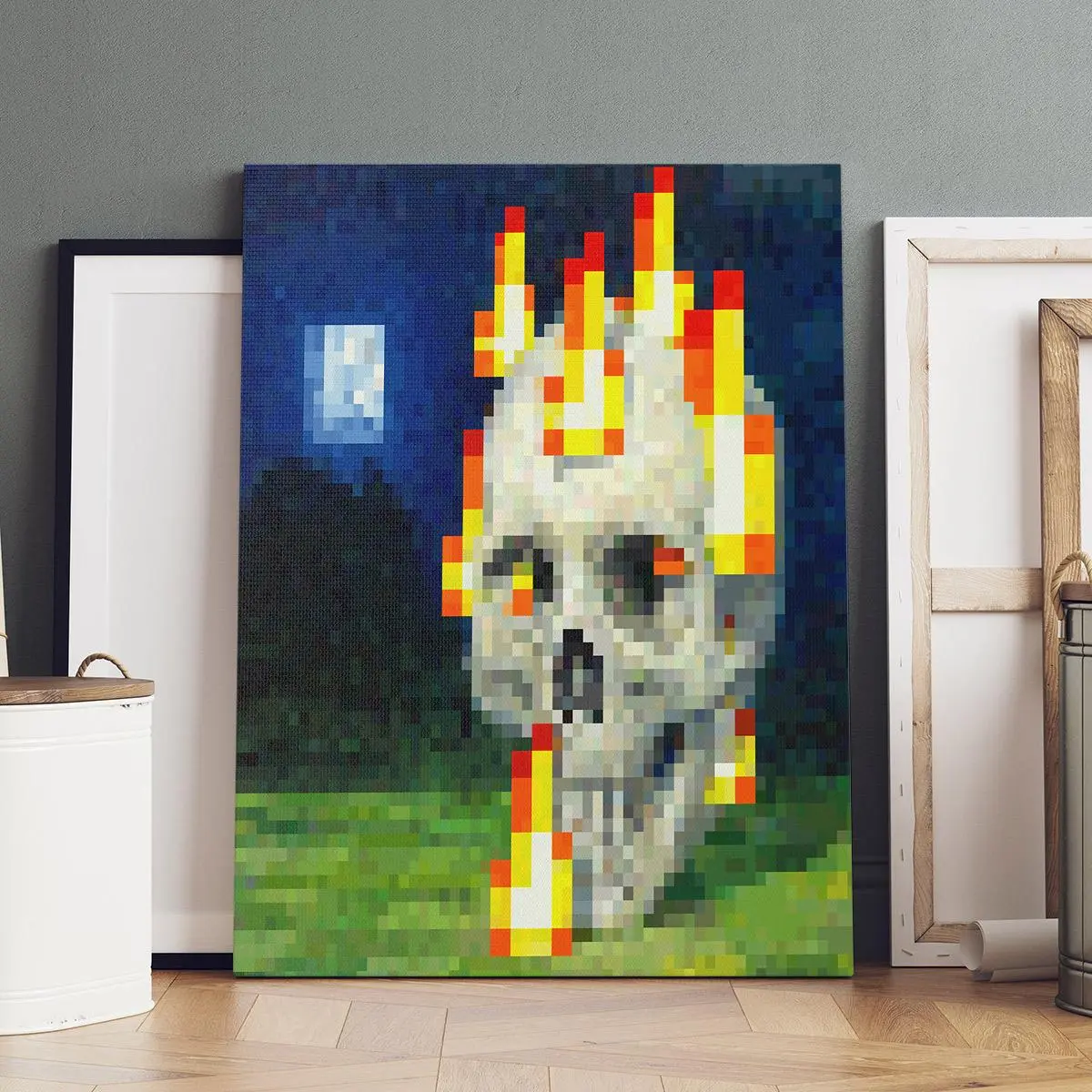 1 Counts Wooden Framed Canvas, Pixel Skull with Flames Under Moonlit Night Pattern, Halloween Poster Decoration, Horror Theme, Modern Art Party poster, Wooden Wall Art, Home Wall Art, Living Room Bedroom Decoration, Above Bed Wall Decor, High Definition