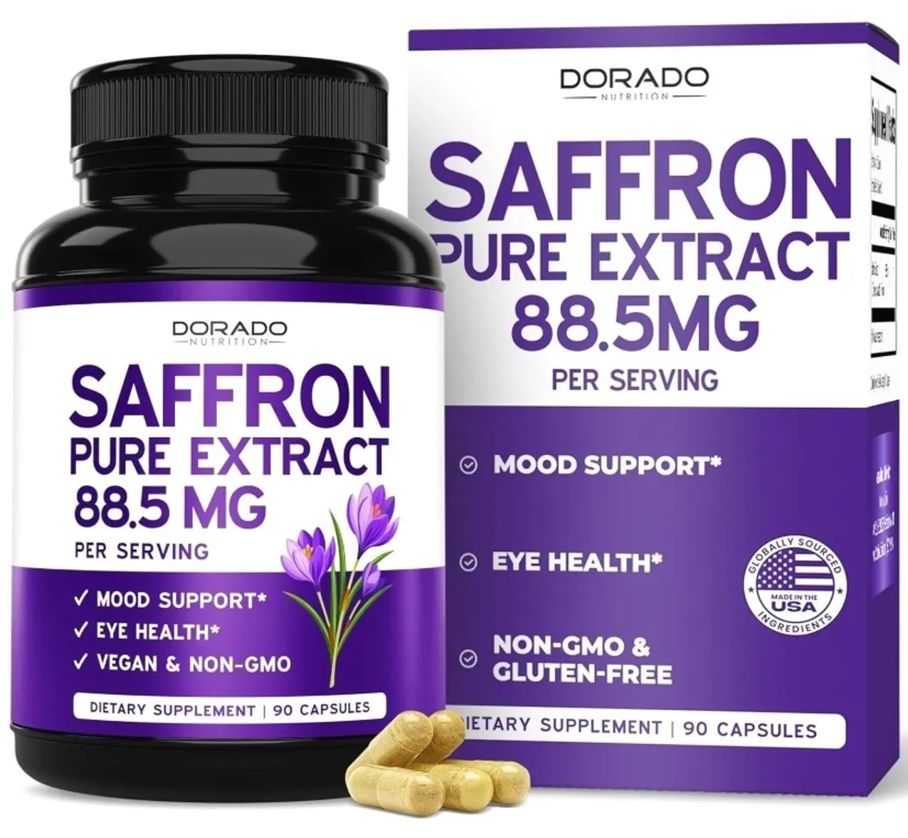Saffron Supplements for Mood, Energy & Vision Support (3 Month Supply) Pure Saffron Extract 88.5mg Per Serving - Vegan Safe, Gluten Free, Third Party Tested & Non GMO - USA Made (90 Veggie Capsules)