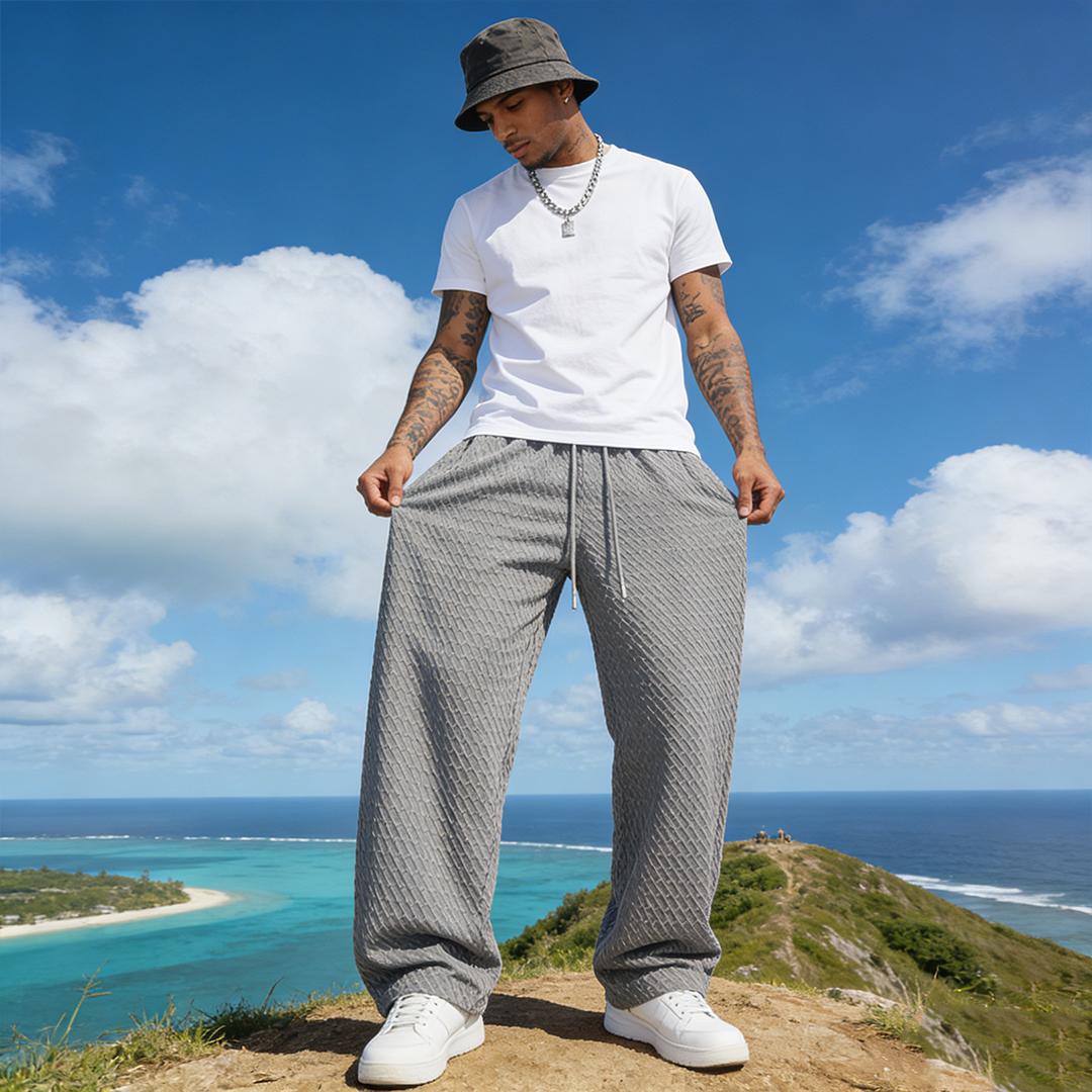 Plus-size men's straight-leg twill jacquard casual trousers, street style loose wide-leg athletic pants