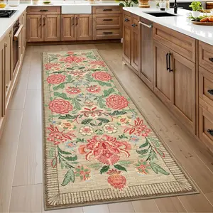 Floral 2x6 Washable Kitchen Runner Rugs Non Slip Camel Taupe Brown  Boho Cottage Long Rug for Hallways Bedroom Entryway Bathroom Mat with Rubber