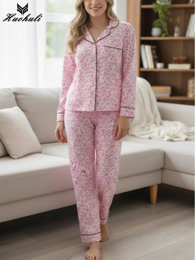 Women's Pink Leopard Print Pajamas Long Sleeve Sleepwear Button Down Pjs Sets Elastic Waist Pants Loungewear Two Piece Nightwear Cozy Home Outfits Relaxed Fitting Clothes