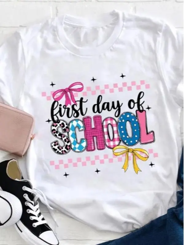 Women's Cotton Printed School Theme Loose-Fit Preppy Tee, Classic Round Neck Comfortable School Outfit Essential Clothes
