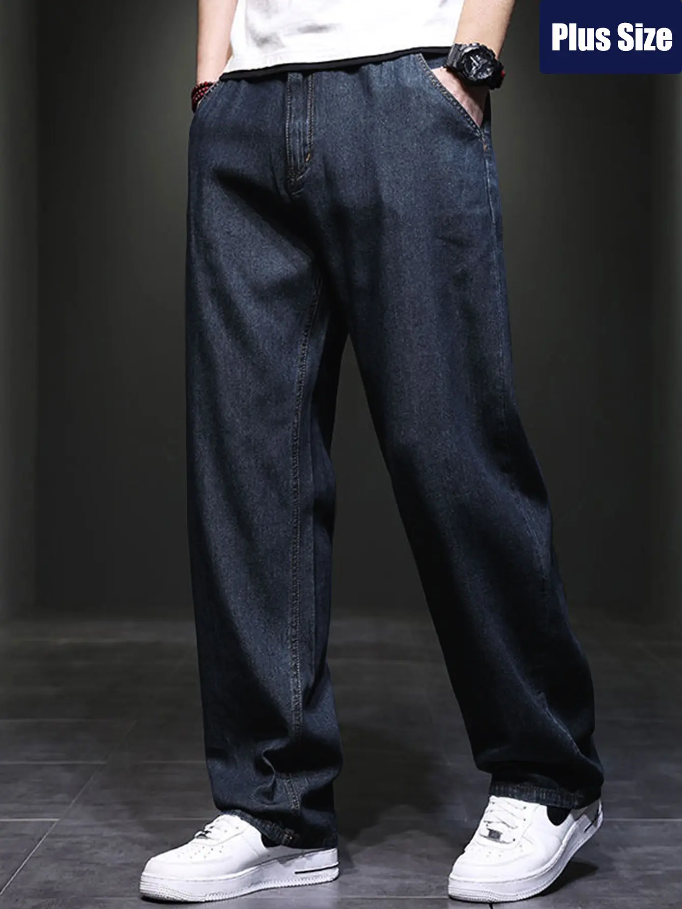 Men's Classic High-Stretch Plain 8XL Oversize Baggy Loose-Fit Straight-Leg Ankle-Length Denim Jeans - Menswear Casual All-Season Pants
