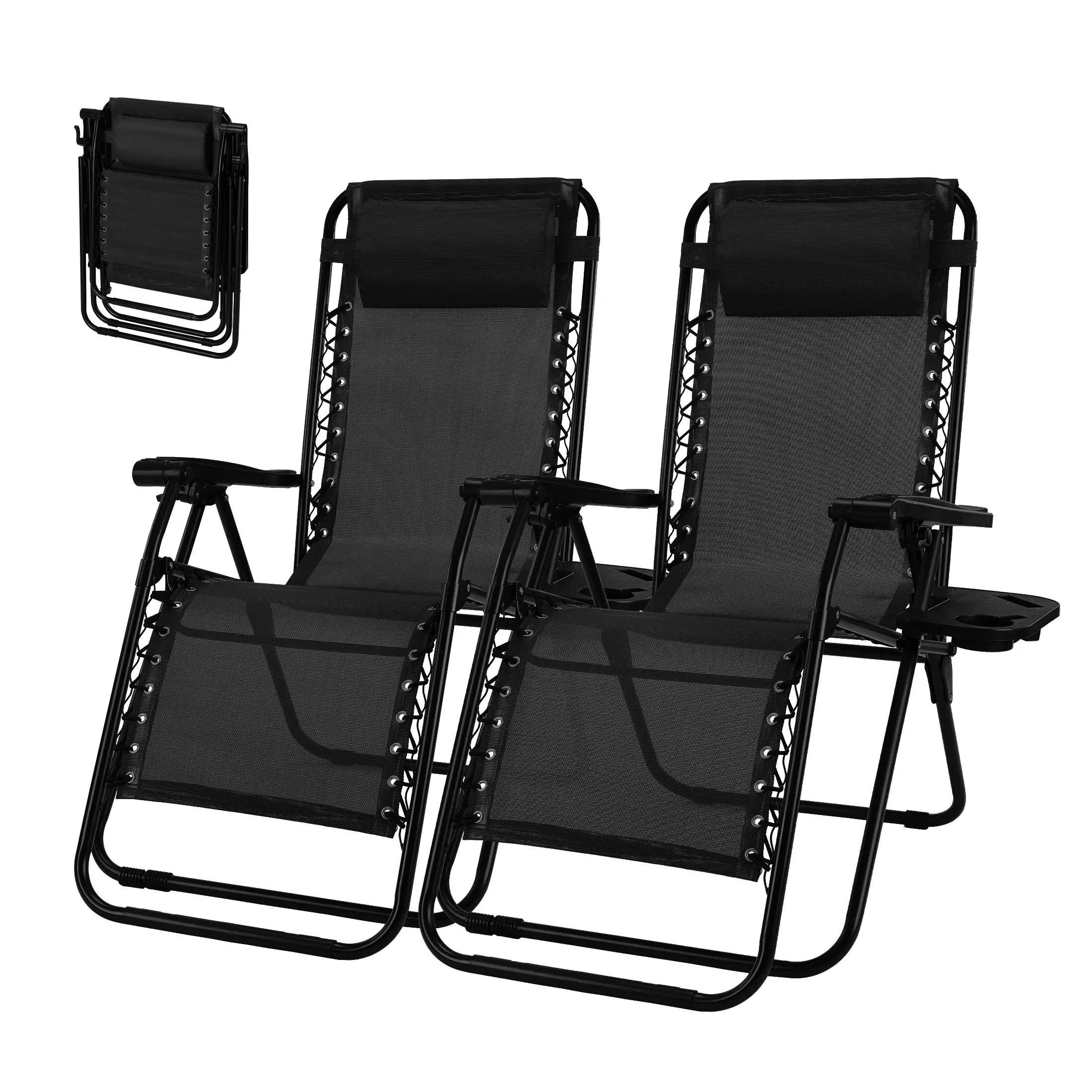 2-Pack Reclining Camping Chairs - Lightweight Foldable Beach Chairs with Cup Holder Trays, Adjustable Pillows, Patio Furniture for Outdoor Camping, Patio Use, Beach Chair