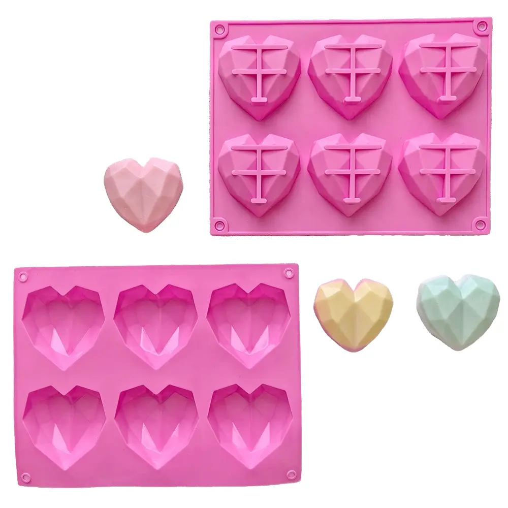 2pcs 6-Cavity Diamond Heart Silicone Mold, Silicone Heart Molds For Baking, Geometric 3D Mousse Cake Baking Mold, Handmade Heart Soap Mold, Kitchen Craft Supplies, Bakery Molds