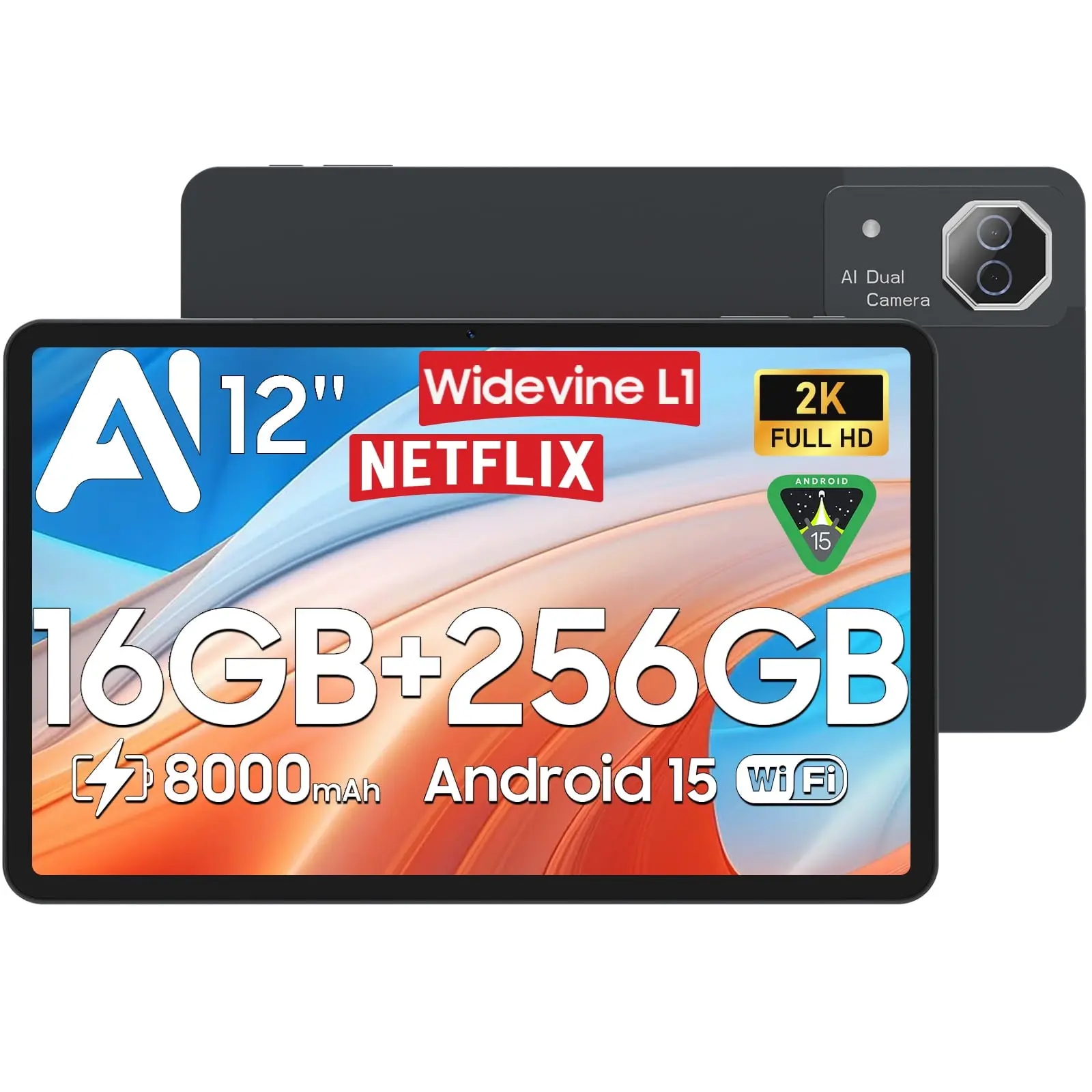 12inch Android 15 Tablet with 256GB ROM+16GB RAM,Helio G99,Octa-Core 5G WIFI,Dual Camera,GPS,1TB Expand,FHD IPS,2K 2000x1200Display Tableta,Wideline L1,GMS Certified,Split-screen,AI,Gaming Tablets