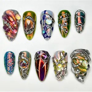 Edgy Metallic 3D Press-On Nails | Holographic Gem Nail Art | Metallic Chrome Design | Bold Chrome Press-On Nail Set