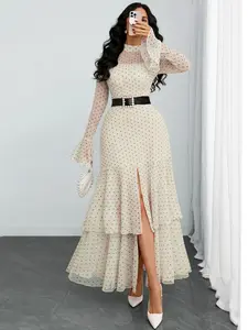 Women's Romantic French Vintage Print Long Sleeves Dress, Elegant Feminine Mesh Patchwork Long Skirt, Slim-Fitting Waist Cinch (no Belt Included) Womenswear