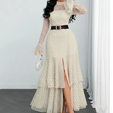 Women's French Vintage Polka Dot Print Long Sleeve Midi Casual Chic Dress, Elegant Mesh Patchwork, Cinched Waist Design, Slim Fit (No Belt Included)