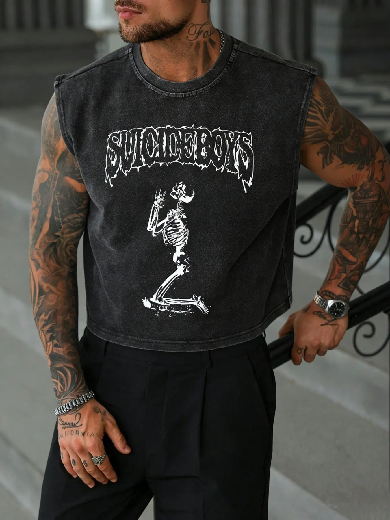 Men's Short Sleeveless Vest Suicideboys Skull Dancing Graphic Print, 100% Cotton Washed Vintage Fabric, Round Neck Fitted Casual Style, Dark Punk Streetwear Trend, Menswear, Casual Fashion Clothing