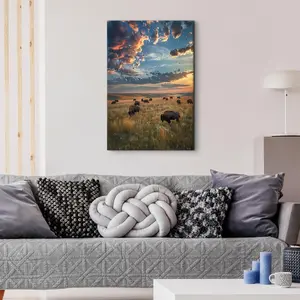 1pc,Majestic Bison Herd on Prairie at Sunset Canvas Wall Art - Wildlife Landscape Print, Rustic Nature Decor for Living Room, Bedroom & Office