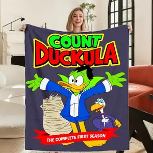 Count Duckula The Complete First Season Throw Blanket Soft Flannel TV Show Design Green Duck Yellow Duckling All Season Cozy Blanket for Bed Sofa Travel Camping Nostalgic Gift for Fans Home Decor Bed Cover Playful Pattern Retro Style Soundwave Technology