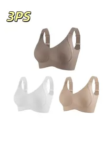Women's 3-Pack Adjustable Cup Wireless Bras, Large Bust Lift-Up, Seamless Underwire Support, Casual Plain Design, All Seasons Wear Underwear Fit