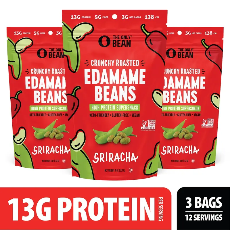 The Only Bean - Crunchy Roasted Edamame Beans (Sriracha) - Keto Snack, High Protein, Healthy Snacks, Low Carb, High Fiber, Gluten-Free & Vegan (4.0oz) (3 Pack)