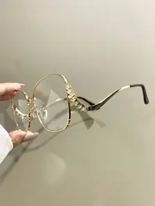 Metal Frame Square Glasses, Large Frame Fashion Trend Eyewear for Women, Elegant Novelty Diamond Encrusted Metal Hinged Glasses, Square Browline Glasses