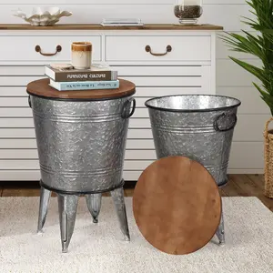 PieDle Farmhouse Accent Side Table, Rustic Antique Galvanized End Coffee or Cocktail Table, Storage Metal Bin with Round Wood Lid Set of 2 (Galvanized)