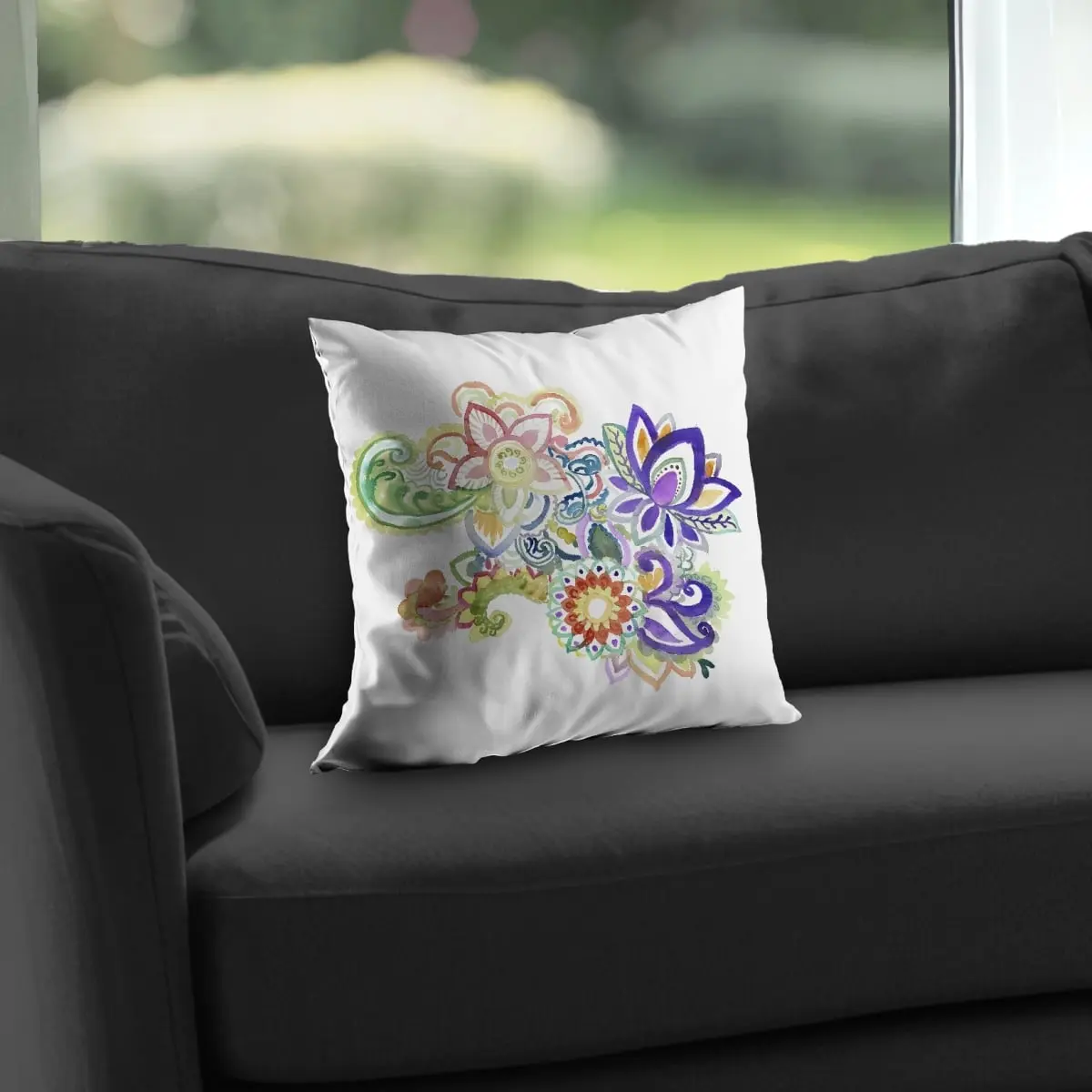 360 Stand 14x14 in. Poly Twill Throw Pillow - Watercolor Paisley Bohemian Print, Decorative Accessories, Soft Cushions, Textiles & Soft Furnishings Home Decor Accent, 14-Inch Standard Pillows, Aesthetic Standard Pillows