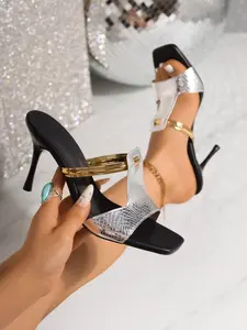 Women's Gold Square Toe High Heel Mules, Metal T-Strap Thin Heels Sandals, Summer Sexy Slip-On High Heeled Shoes