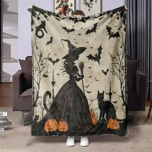 Cartoon Themed Decorative Giftable Blankets, 1 Count Witch and Black Cat Pattern Soft Throw Blanket, Air-conditioned Room Blanket, Warm Nap Blanket for Home Office Travel Camping, Bedroom Accessories, Travel Essentials, Christmas Gifts, Halloween